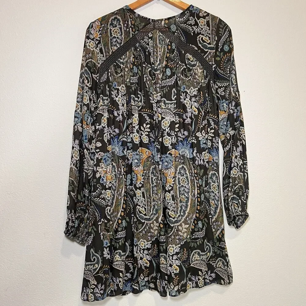 Free People Rain or Shine Tunic Dress Size M Floral Paisley Lace Up Crochet Mini